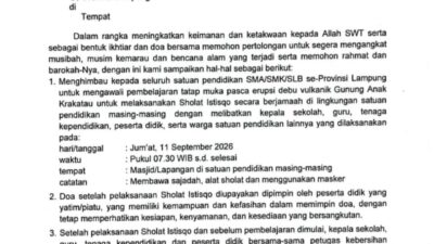 Pascaerupsi GAK, Disdikbud Lampung Imbau SMA/SMK/SLB Gelar Salat Istisqa dan Kembali Pembelajaran Tatap Muka